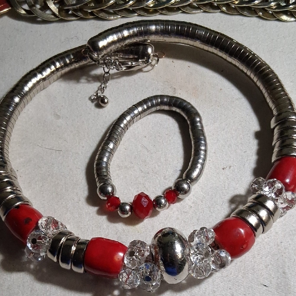 Elegant Silver and Red Beaded Jewelry Set